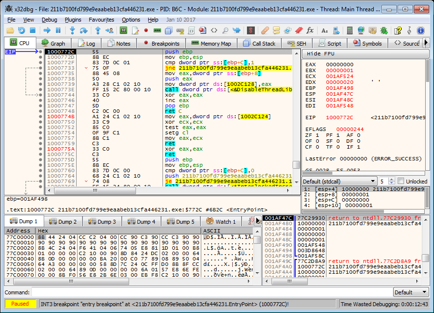 Malware sample opened in x64dbg